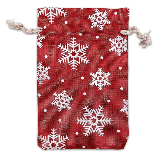 4" x 6" Jute Burlap Red Christmas White Snowflake Drawstring Gift Bags