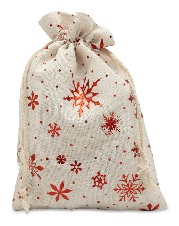 4" x 6" Cotton Muslin Red Snowflake Drawstring Gift Bags