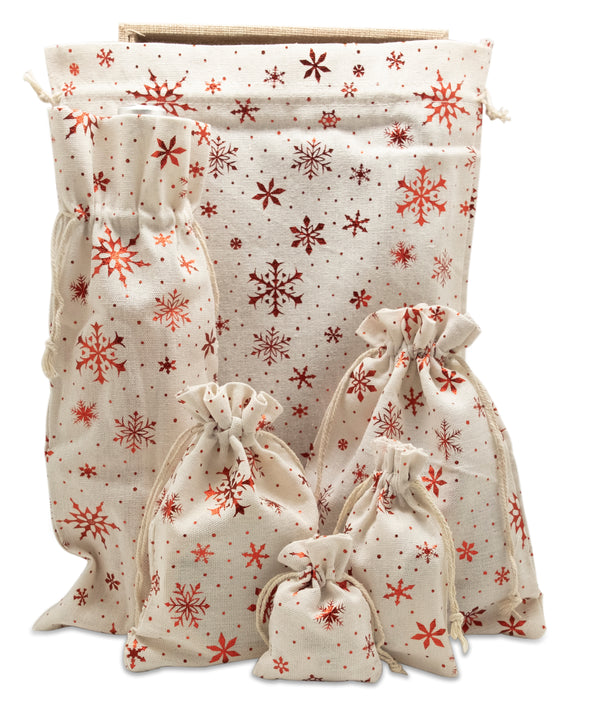 4" x 6" Cotton Muslin Red Snowflake Drawstring Gift Bags