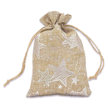 4" x 6" Jute Burlap Silver Star Drawstring Gift Bags