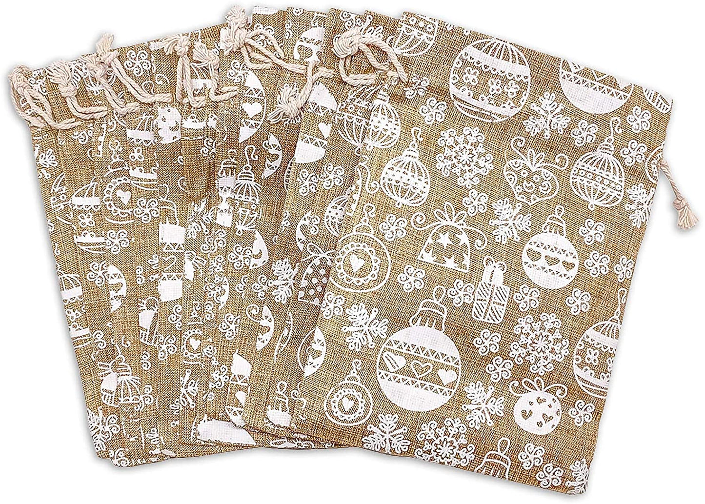 4" x 6" Jute Burlap White Christmas Ornament Drawstring Gift Bags
