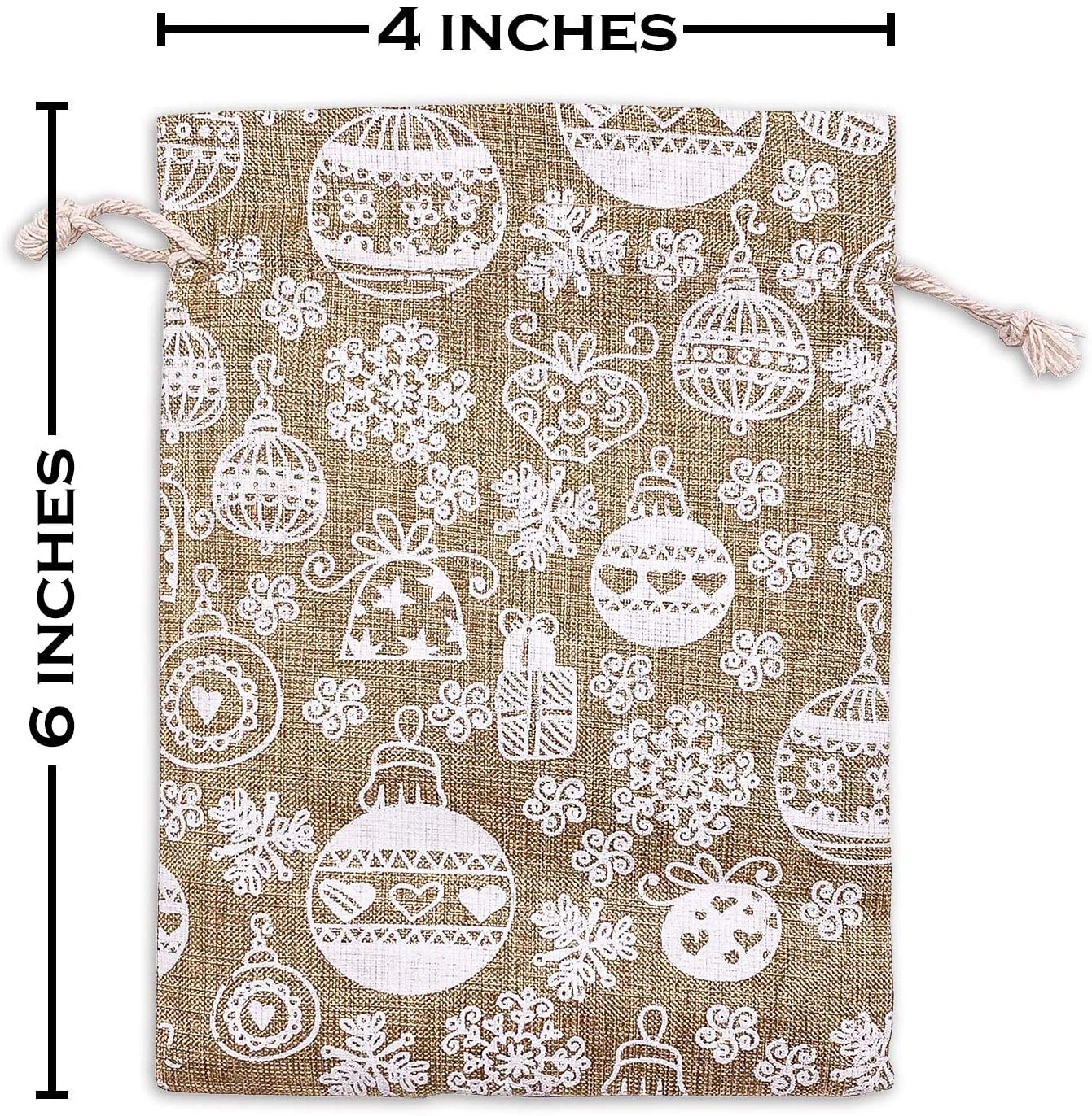 4" x 6" Jute Burlap White Christmas Ornament Drawstring Gift Bags