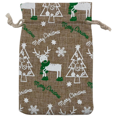 4" x 6" Jute Burlap White Reindeer Christmas Drawstring Gift Bags