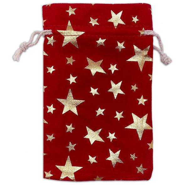4" x 6" Red Velvet Gold Star Drawstring Gift Bags