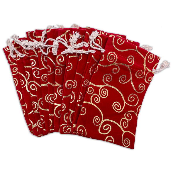 4" x 6" Red Velvet Gold Swirl Drawstring Gift Bags