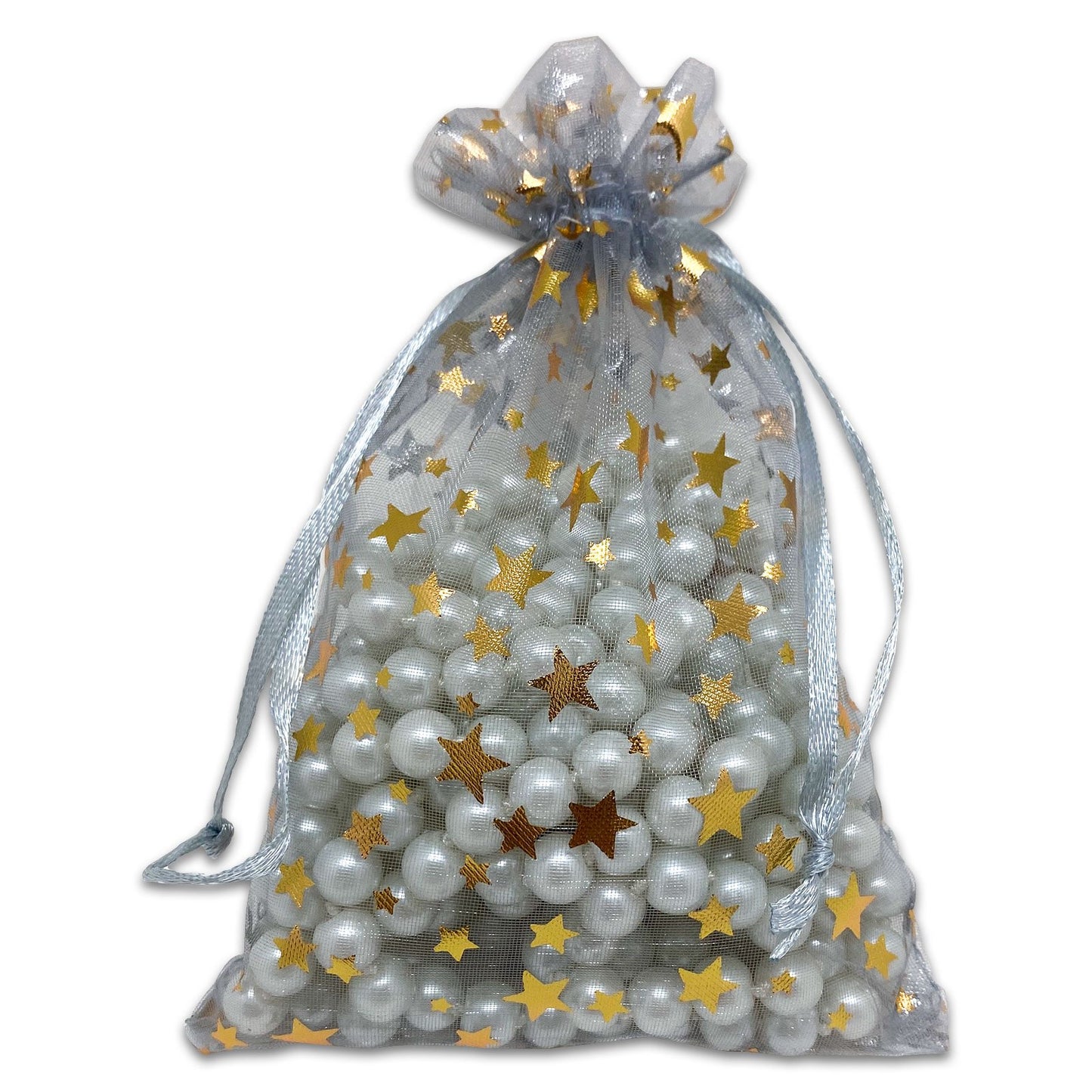 Silver with Gold Star Organza Drawstring Pouch Gift Bags