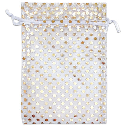 White with Gold Polka Dot Organza Drawstring Pouch Gift Bags