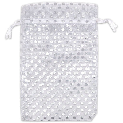 White with Silver Polka Dot Organza Drawstring Pouch Gift Bags