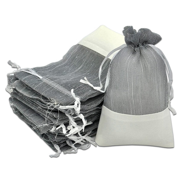 Black Organza and White Linen Drawstring Pouch Gift Bags