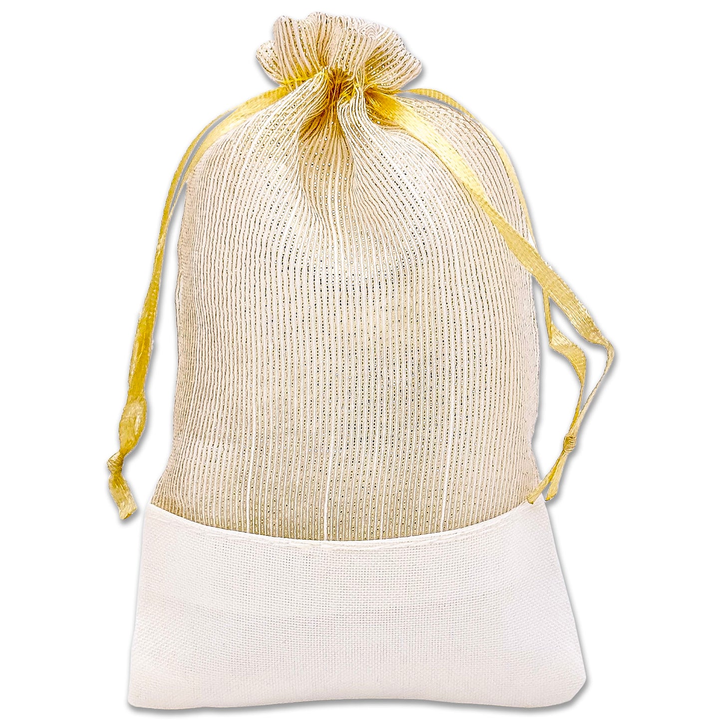 Gold Organza and White Linen Drawstring Pouch Gift Bags