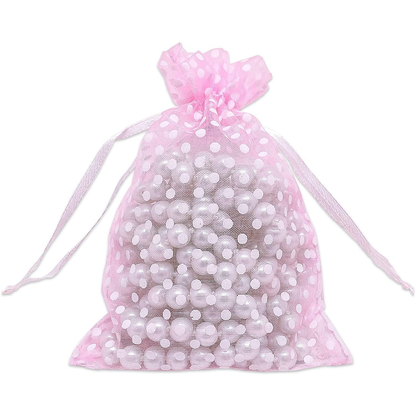 Pink with White Polka Dot Organza Drawstring Pouch Gift Bags
