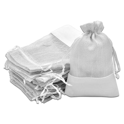 White Organza and Linen Drawstring Pouch Gift Bags