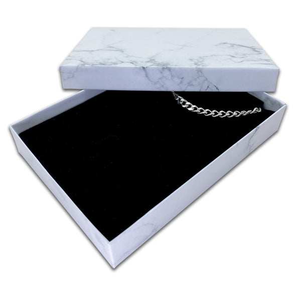 5 7/16" x 3 15/16" Marble White Necklace Paper Box with Black Foam Insert