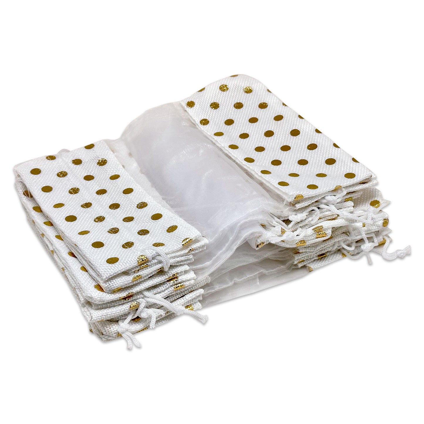 5" x 7" White with Gold Polka Dot Linen Burlap and Sheer Organza Gift Bag