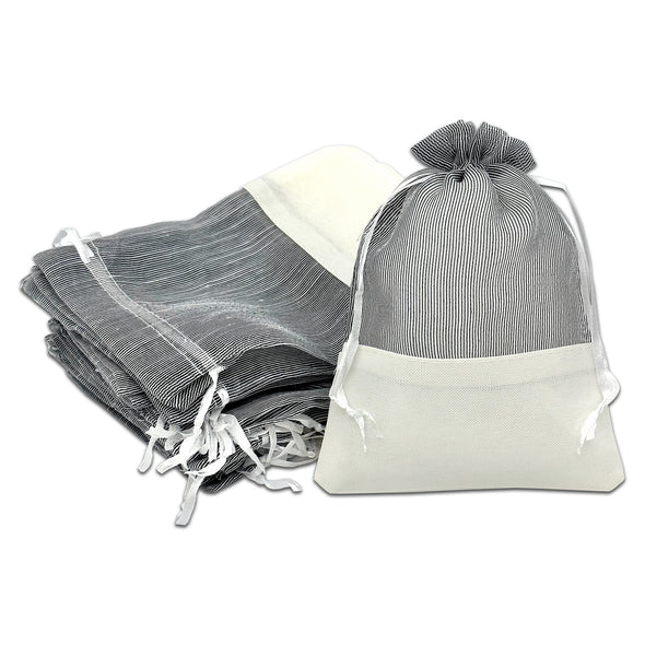 Black Organza and White Linen Drawstring Pouch Gift Bags