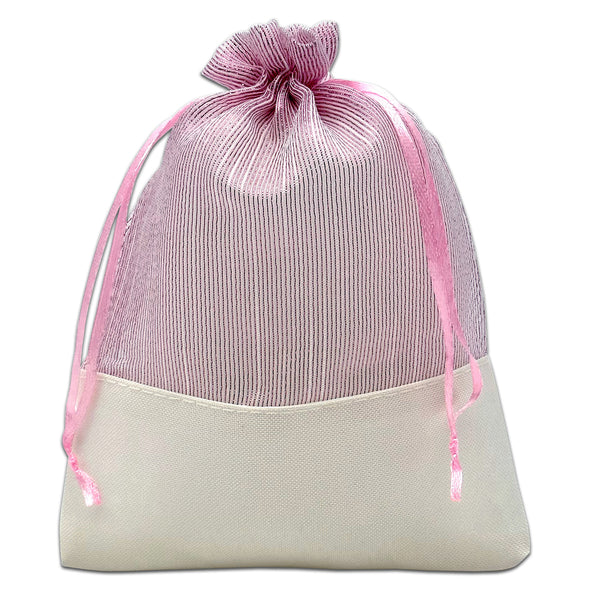 Pink Organza and White Linen Drawstring Pouch Gift Bags
