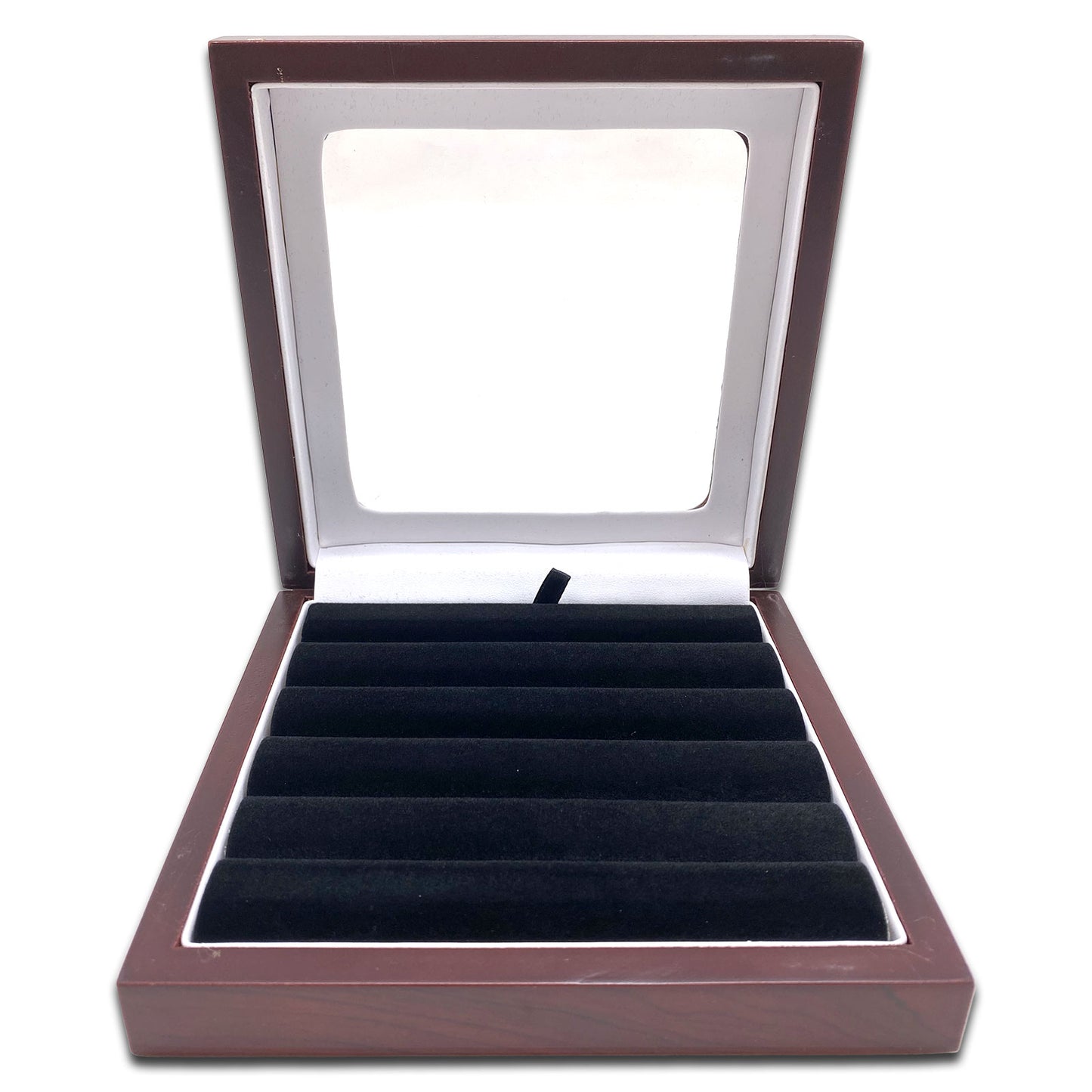 6 3/8" x 6 3/8" Rosewood Ring Display Case with 6 Roll Black Velvet Insert