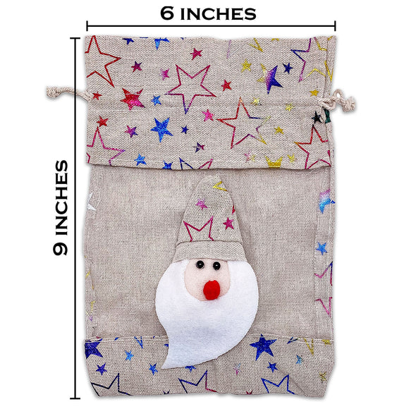 6 Pack of Cotton Muslin Santa Claus Rainbow Star Christmas Drawstring Gift Bags
