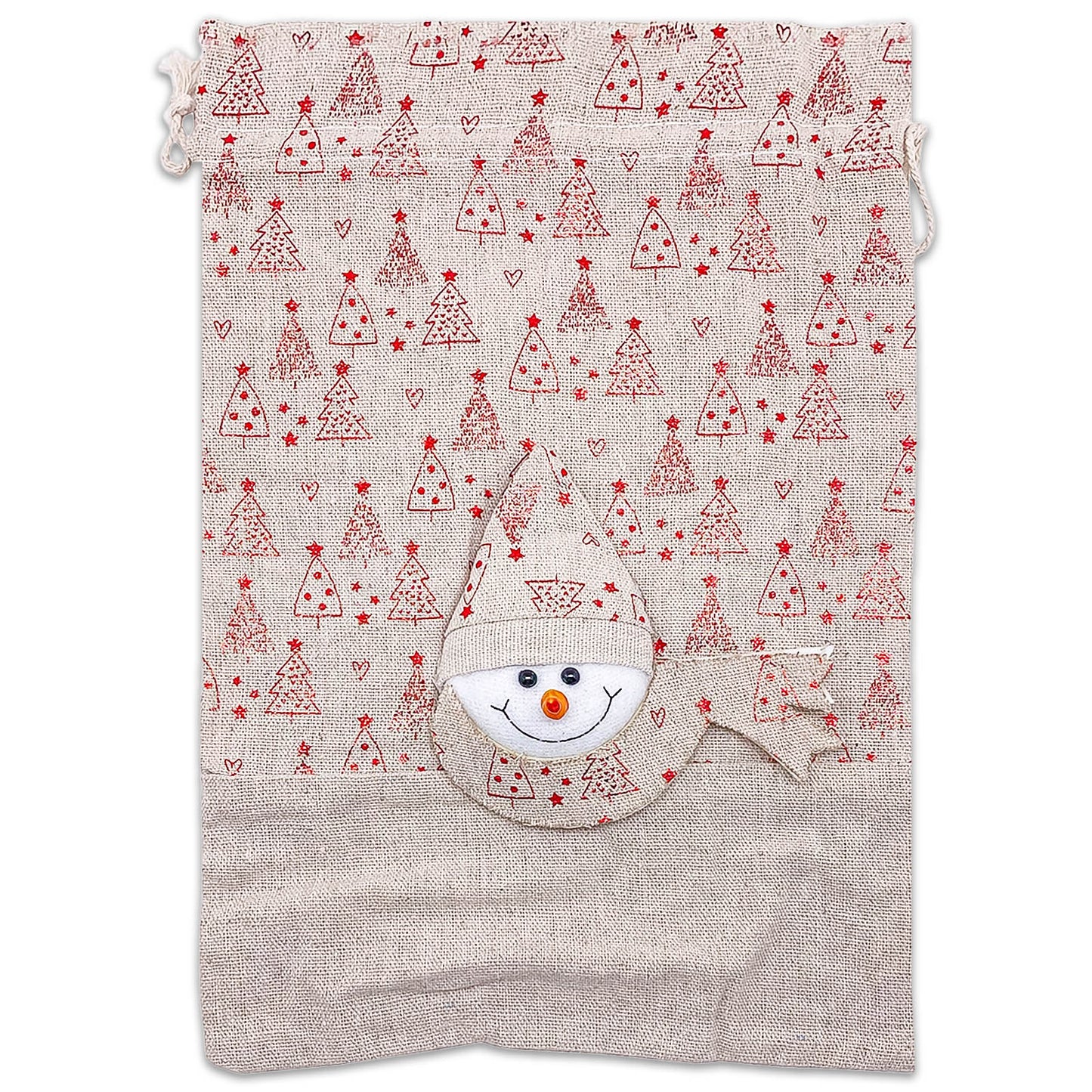6 Pack of Cotton Muslin Snowman Christmas Tree Drawstring Gift Bags