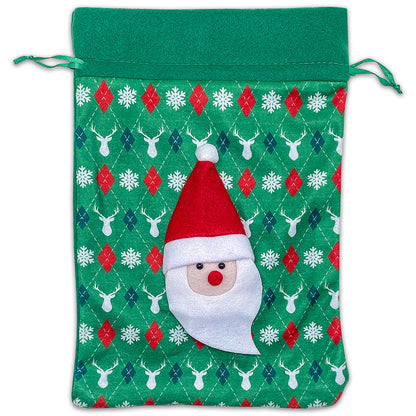 6 Pack of Satin and Velvet Green Santa Claus Christmas Drawstring Gift Bags