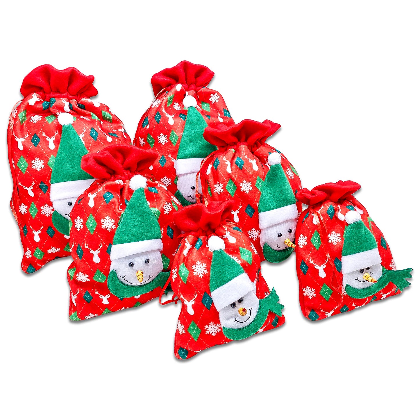 6 Pack of Satin and Velvet Snowman Christmas Drawstring Gift Bags