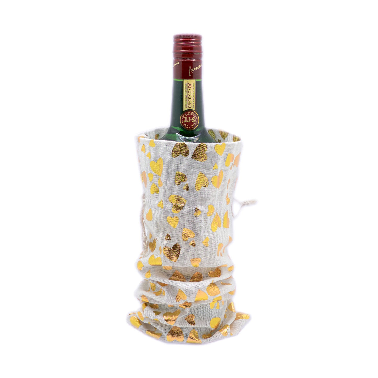 6" x 14" Cotton Muslin Gold Heart Wine Bottle Drawstring Gift Bags