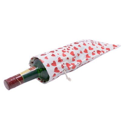 6" x 14" Cotton Muslin Red Heart Wine Bottle Drawstring Gift Bags