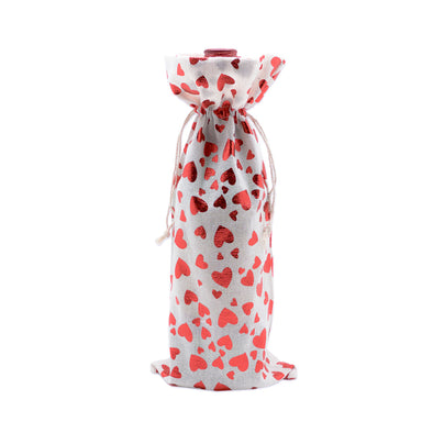 6" x 14" Cotton Muslin Red Heart Wine Bottle Drawstring Gift Bags
