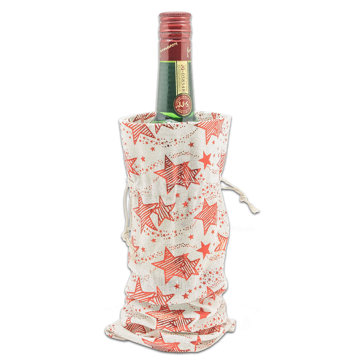 6" x 14" Cotton Muslin Red Star Wine Bottle Drawstring Gift Bags