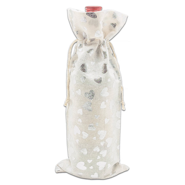6" x 14" Cotton Muslin Silver Heart Wine Bottle Drawstring Gift Bags