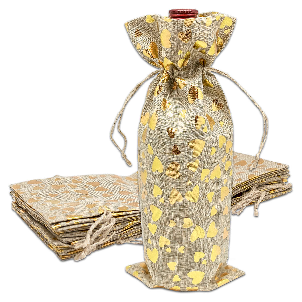6" x 14" Jute Burlap Gold Heart Wine Bottle Drawstring Gift Bags