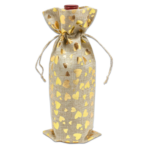 6" x 14" Jute Burlap Gold Heart Wine Bottle Drawstring Gift Bags
