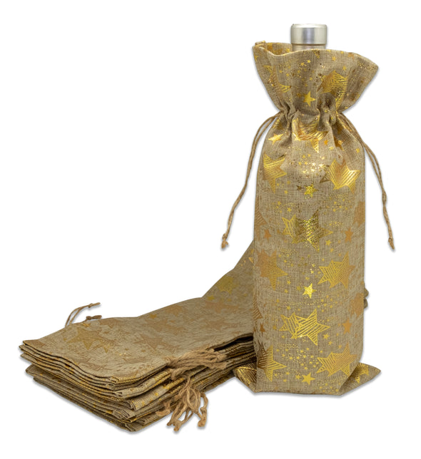 6" x 14" Jute Burlap Gold Star Wine Bottle Drawstring Gift Bags