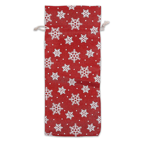 6" x 14" Jute Burlap Red Christmas White Snowflake Wine Bottle Drawstring Gift Bags
