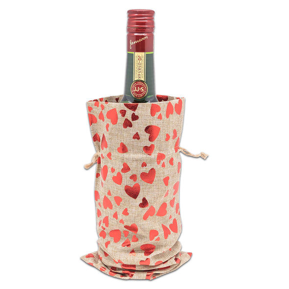 6" x 14" Jute Burlap Red Heart Wine Bottle Drawstring Gift Bags