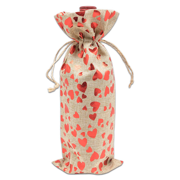 6" x 14" Jute Burlap Red Heart Wine Bottle Drawstring Gift Bags
