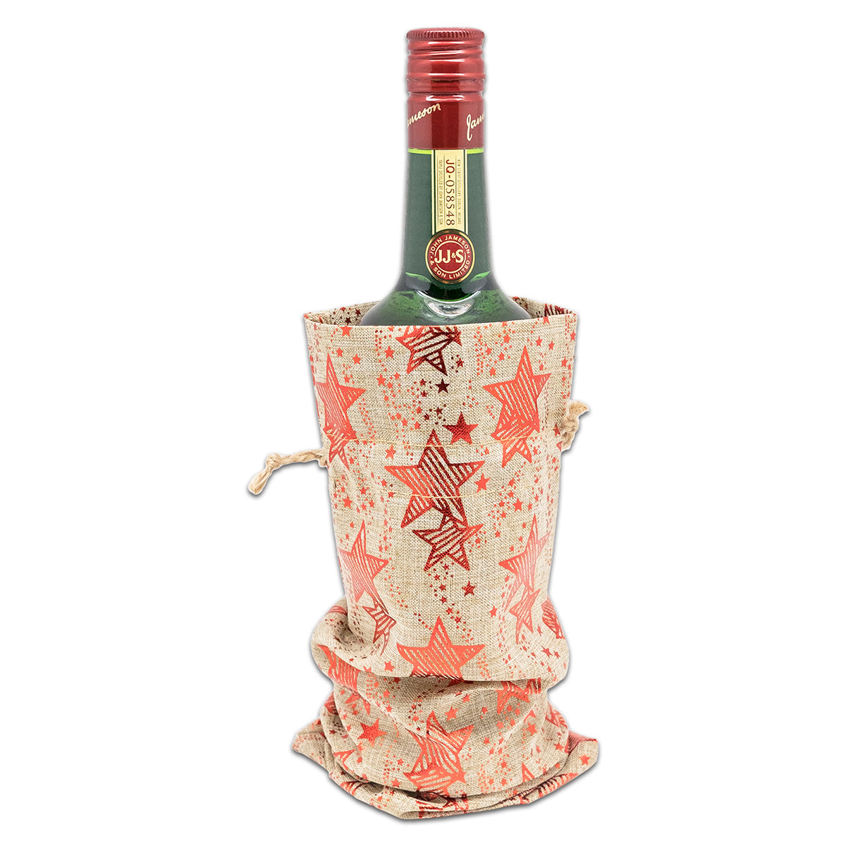 6" x 14" Jute Burlap Red Star Wine Bottle Drawstring Gift Bags