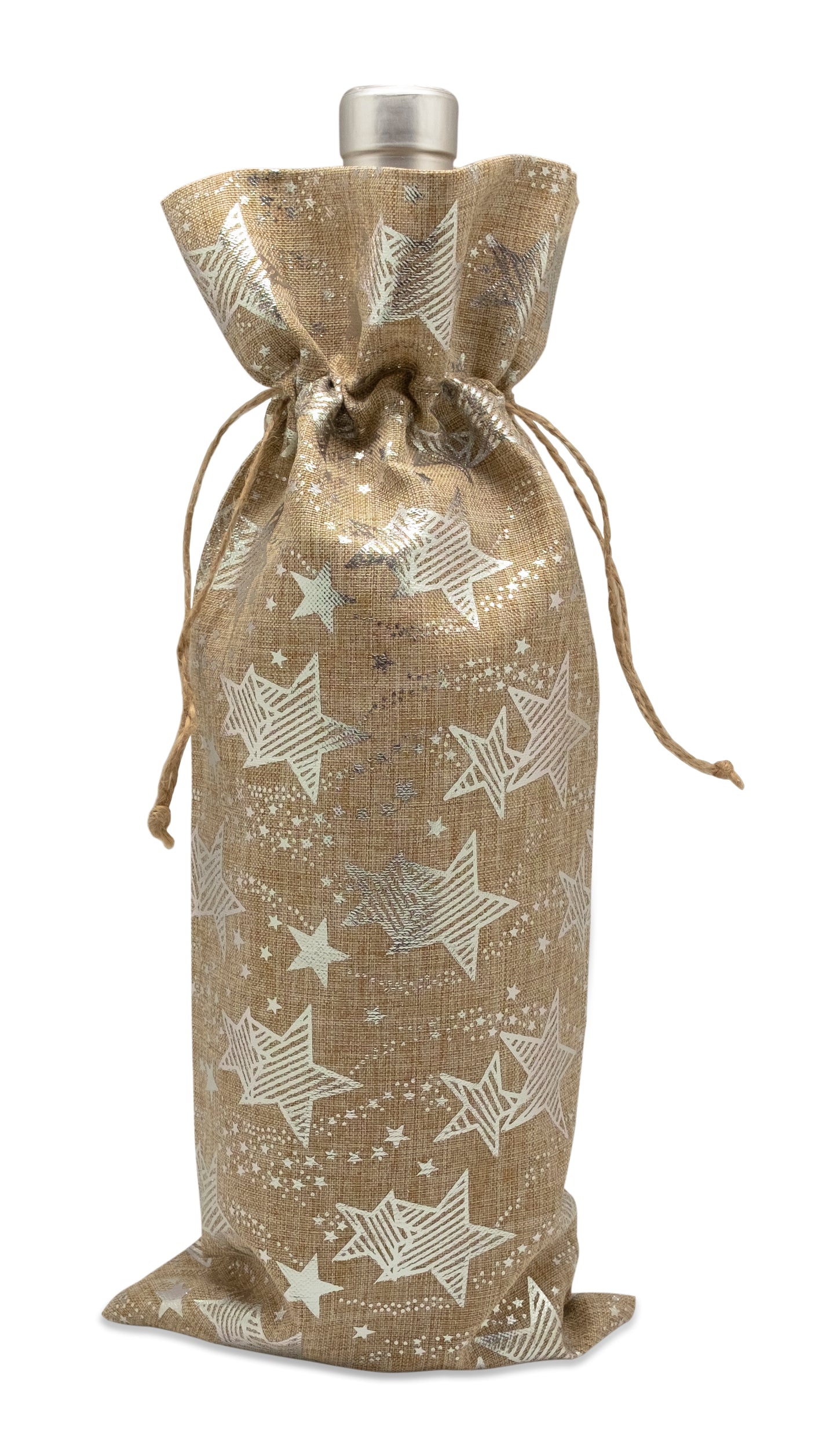 6" x 14" Jute Burlap Silver Star Wine Bottle Drawstring Gift Bags
