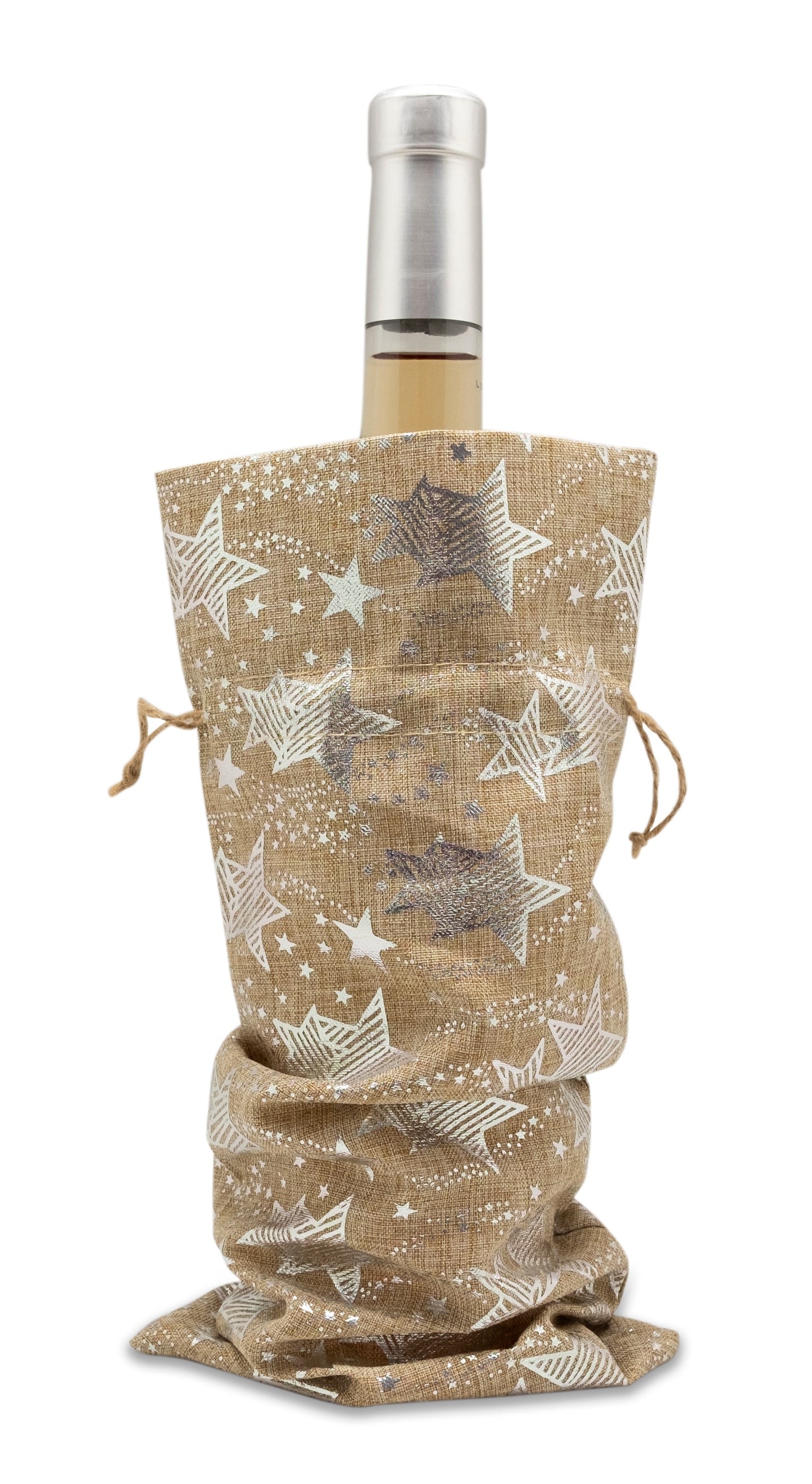 6" x 14" Jute Burlap Silver Star Wine Bottle Drawstring Gift Bags