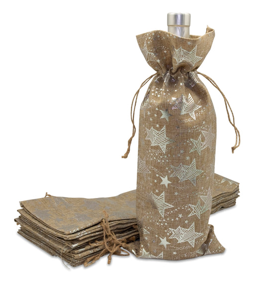 6" x 14" Jute Burlap Silver Star Wine Bottle Drawstring Gift Bags