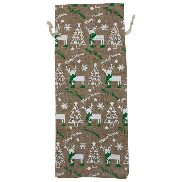 6" x 14" Jute Burlap White Reindeer Christmas Wine Bottle Drawstring Gift Bags