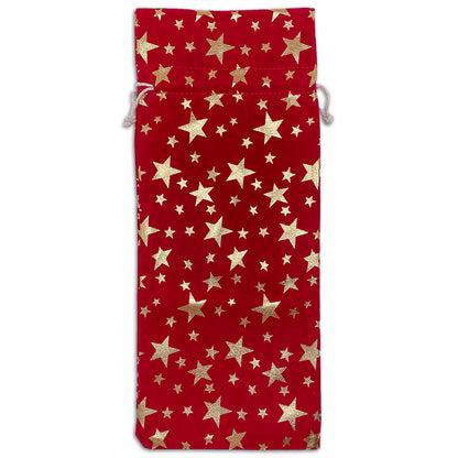 6" x 14" Red Velvet Gold Star Christmas Wine Bottle Drawstring Gift Bags