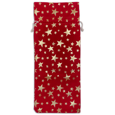 6" x 14" Red Velvet Gold Star Christmas Wine Bottle Drawstring Gift Bags