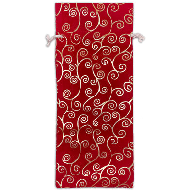 6" x 14" Red Velvet Gold Swirl Christmas Wine Bottle Drawstring Gift Bags