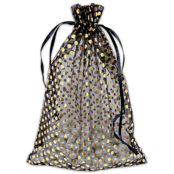 Black with Gold Polka Dot Organza Drawstring Pouch Gift Bags