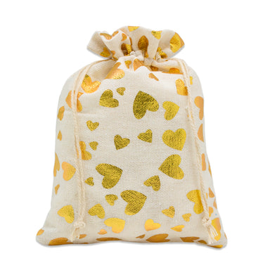 6" x 8" Cotton Muslin Gold Heart Drawstring Gift Bags