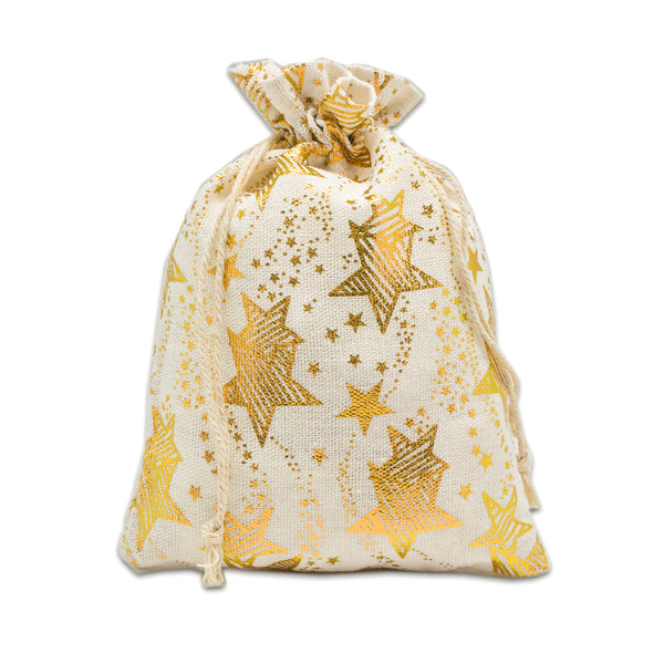 6" x 8" Cotton Muslin Gold Star Drawstring Gift Bags
