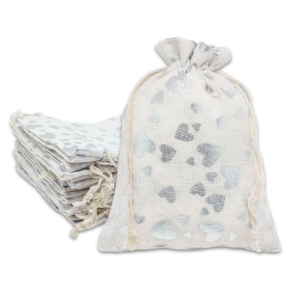 6" x 8" Cotton Muslin Silver Heart Drawstring Gift Bags