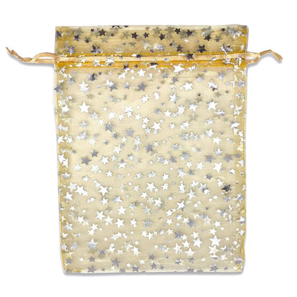 Gold with Silver Star Organza Drawstring Pouch Gift Bags