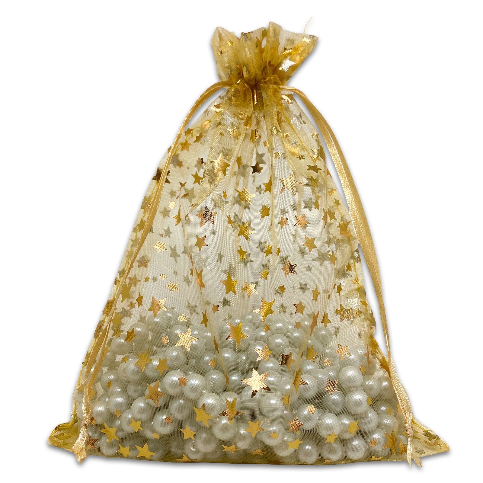 Gold with Gold Star Organza Drawstring Pouch Gift Bags JPI Display